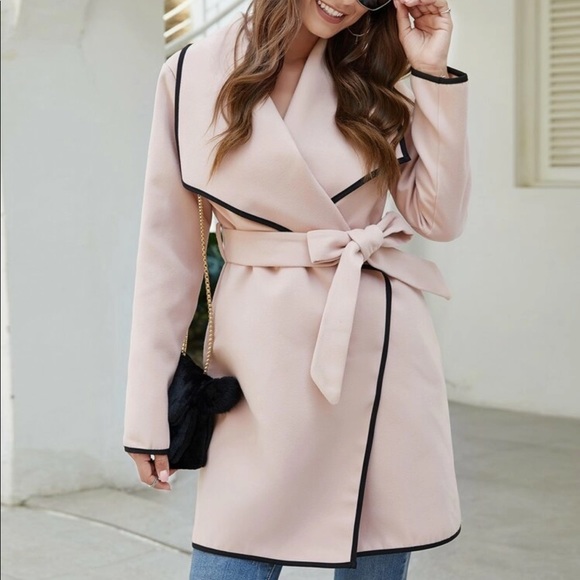 Waterfall neck contrast binding belted outwear - Picture 3 of 5